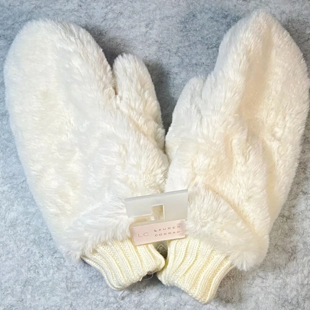 LC Lauren Conrad Women's White Faux Fur Knit Mittens Ribbed Cuff One Size